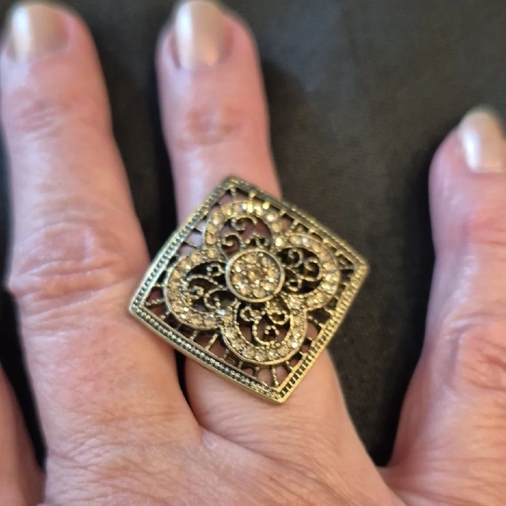 Vintage Style Statement Ring In Bronze And Rhinestone Detail, Adjustsble Sizing